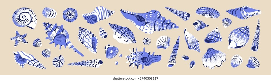Set of blue seashells with different shape. Tropical sea shells. Various conches of mollusks and clams of the ocean. Mussels, cockleshells, scallops and cockles. Flat isolated vector illustrations