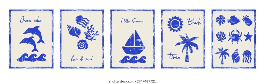 A set of blue seaside postcards or posters in a grunge style. Conceptual art for interior design themed around summer vacations and travel. Vector.