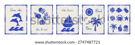 A set of blue seaside postcards or posters in a grunge style. Conceptual art for interior design themed around summer vacations and travel. Vector.