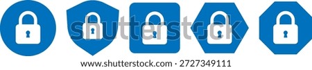 Set of Blue Security Padlock Icons in Various Geometric Shapes Including Shield, Circle, and Square
