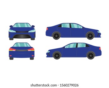 Set of blue sedan car view on white background,illustration vector,Side, front, back