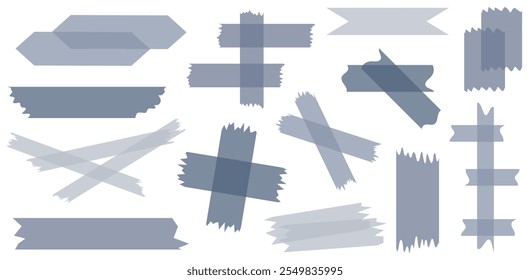Set of blue semi-transparent washi tapes isolated on white. Tapes collection in vector. Pieces of decorative tape for scrapbooks. Torn paper. Gray