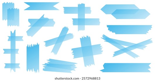 Set of blue semi-transparent washi tapes isolated on white. Washi tapes collection in vector. Pieces of decorative tape for scrapbooks. Torn paper. Gradient