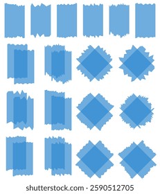 Set of blue semi-transparent washi tapes isolated on white. Tapes collection in vector. Pieces of decorative tape for scrapbooks. Torn paper	