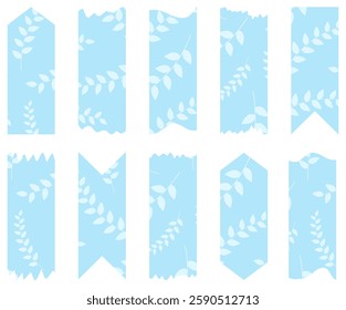 Set of blue semi-transparent washi tapes with pattern isolated on white. Tapes collection in vector. Pieces of decorative tape for scrapbooks. Torn paper. Spring, summer