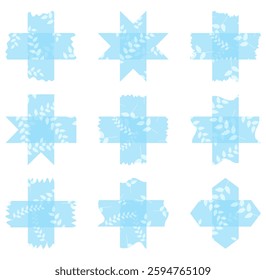 Set of blue semi-transparent washi tapes with pattern isolated on white. Tapes collection in vector. Pieces of decorative tape for scrapbooks. Torn paper. Spring, summer
