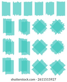 Set of blue semi-transparent washi tapes isolated on white. Tapes collection in vector. Pieces of decorative tape for scrapbooks. Torn paper. Turquoise