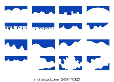 Conjunto de separadores azules formas y marco para sitio web. Líneas de curva, caídas, ondulaciones y divisores triangulares para la página superior o inferior. Marco del encabezado