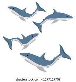  set of blue sharks isolated on white background