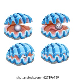 Set of blue shells with gray pearl with face. Fancy animals of the seas and oceans isolated on white background. Stage of unfolding shells. Vector cartoon close-up illustration.