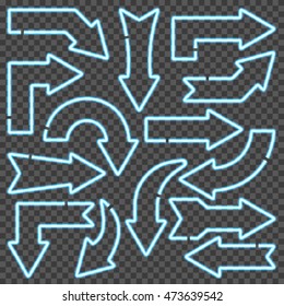 A set of the blue shining neon arrows against a dark background.