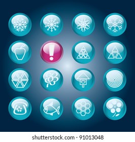 Set Of Blue Shiny Round Buttons with Snowflakes