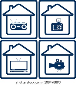 set blue sign with TV, re coder, photo and video camera