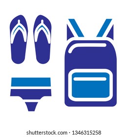 Set of blue sigs of travel equipment. Trunks, flip-flop and backpack isolated on white background