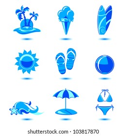 Set of blue silhouette beach icons .