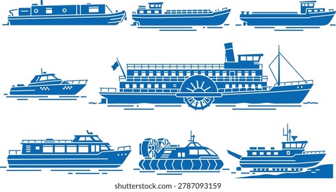 A set of blue silhouette illustrations of different boats and ships