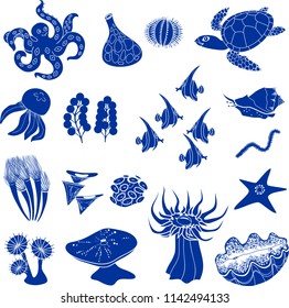 Set of blue silhouettes of different marine animals