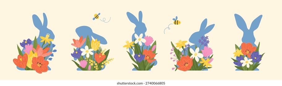 Set of blue silhouettes of rabbits with spring flower bouquets and bees for Easter card design, vector illustration