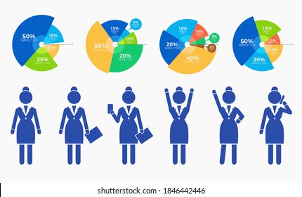 Set of blue silhouettes simplified style businesswomen and colorful charts with percent, numbers. Business infographic. Confident business women. Vector illustration design for UI, banner, mobile app