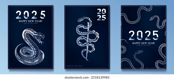 Set of blue and silver invitation poster scelebrating the 2025 New Year of the Snake with a detailed linear decorated snakes. Minimalist Greeting cards with reptile mascot for Christmas holidays