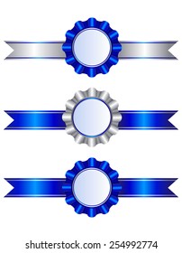 Set of blue and silver ribbons and rosettes with a white background and copy space.