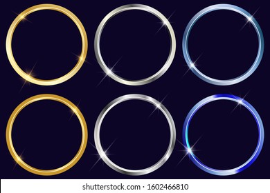 Set Of Blue Silver Ring, Gold Ring And Regular Silver Ring On Dark Blue Background. Vector Illustration. EPS 10.