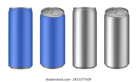 Set of blue and silver tin cans of energy drink, juice or soda. Cocktail or fitness drink. Cold beverages. Can top view