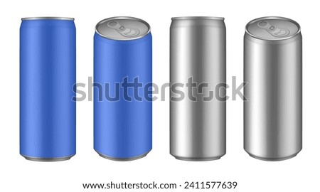 Set of blue and silver tin cans of energy drink, juice or soda. Cocktail or fitness drink. Cold beverages. Can top view