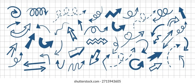 Set of blue simple arrows in various style. Collection of hand drawn curved, dashed and spiral arrows arrows, isolated on white background.