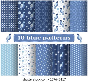 Set of blue simple geometric patterns. Abstract seamless patterns with simple elements. Design for wrapping paper, web, gift paper, cover. Vector wrapping paper patterns.