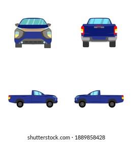 set of blue single cab pickup truck on white background