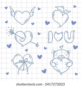 Set of blue sketch elements for Valentines day in doodle style on a white checkered background. Love bundle