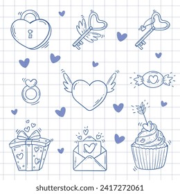 Set of blue sketch elements for Valentines day in doodle style on a white checkered background. Love bundle