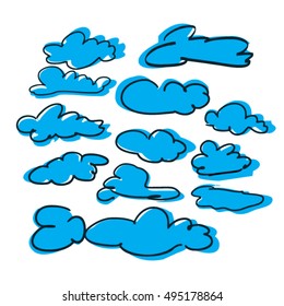 Set of blue sketches of clouds hand-drawn. Set of vector clouds