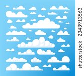Set of blue sky, clouds. Cloud icon, cloud shape. Set of different clouds. Collection of cloud icon, shape, label, symbol. Graphic element vector. Vector design element for logo, web and print.