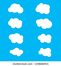 Set of blue sky, clouds. Cloud icon, cloud shape. Set of different clouds. Collection of cloud icon, shape, label, symbol. Graphic element vector. Vector design element for logo, web and print.