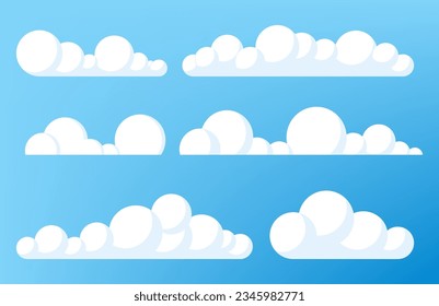 Set of blue sky, clouds. Cloud icon, cloud shape. Set of different clouds. Collection of cloud icon, shape, label, symbol. Graphic element vector. Vector design element for logo, web and print.