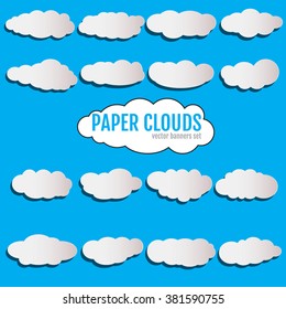 Set of blue sky, clouds. Cloud icon, cloud shape. Set of different clouds. Collection of cloud icon, shape, label, symbol. Graphic element vector. Vector design element for logo, web and print.