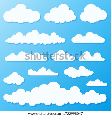 Set of blue sky, clouds. Cloud icon, cloud shape. Set of different clouds. Collection of cloud icon, shape, label, symbol. Graphic element vector. Vector design element for logo, web and print.