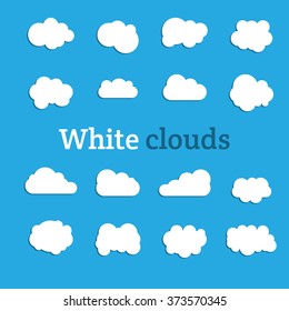 Set of blue sky, clouds. Collection of cloud icon, shape, label, symbol. Graphic element vector. Vector design element for logo, web and print.