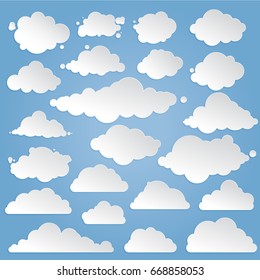 Set for blue sky, paper clouds icons, shapes, labels, symbol, logo. Paper styled vector elements