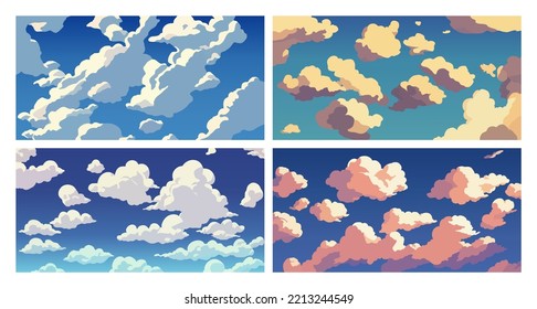 Set Blue Sky With White Clouds, Landscape, Background With Clouds, Vector Illustration
