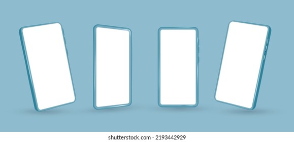 Set blue smartphone mockup, 3D vector template set. Mobile phone front view on the white background