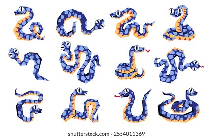 set of blue snakes in 2025, geometrically crawling from above. Isolated geometric writhing snakes in different poses. Vector illustration in flat style. Animal the year 2025 with different textures.