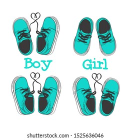 Set of blue sneakers. Baby little pair shoes different sneakers. Lettering girl and boy. Hand drawing isolated on a white background.