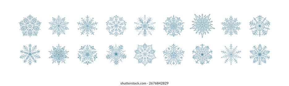 Conjunto de iconos de copo de nieve azul. Elementos de diseño de cristal de hielo congelado de invierno y copos de nieve. Feliz Navidades y feliz año Nuevo Clipart dibujado a mano caprichoso. Ornamento de patrón festivo
