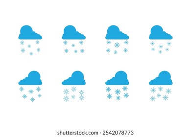 set of blue snowfall weather icons. Clouds and snowflakes sign.Isolated White Background. Vector Illustration.