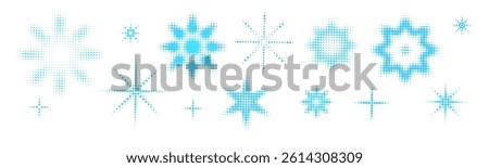 Set blue snowflake icon halftone dot effect. Snowflake pattern. Grain shape of star, sparkle, flower, sun. Noise radial form. Halftone faded texture. Vector grainy illustration modern winter design