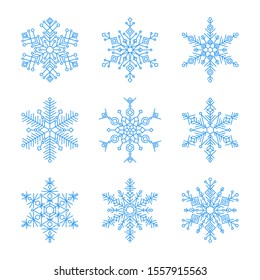 Set of blue snowflake icon - a symbol of winter holidays, Christmas and New Year, cold weather and frost - isolated on white background. Elegant vector design element. 