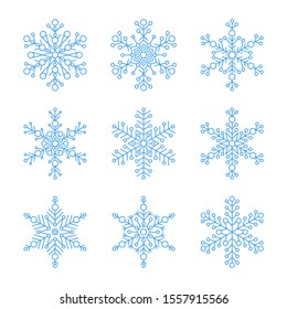Set of blue snowflake icon - a symbol of winter holidays, Christmas and New Year, cold weather and frost - isolated on white background. Elegant vector design element. 